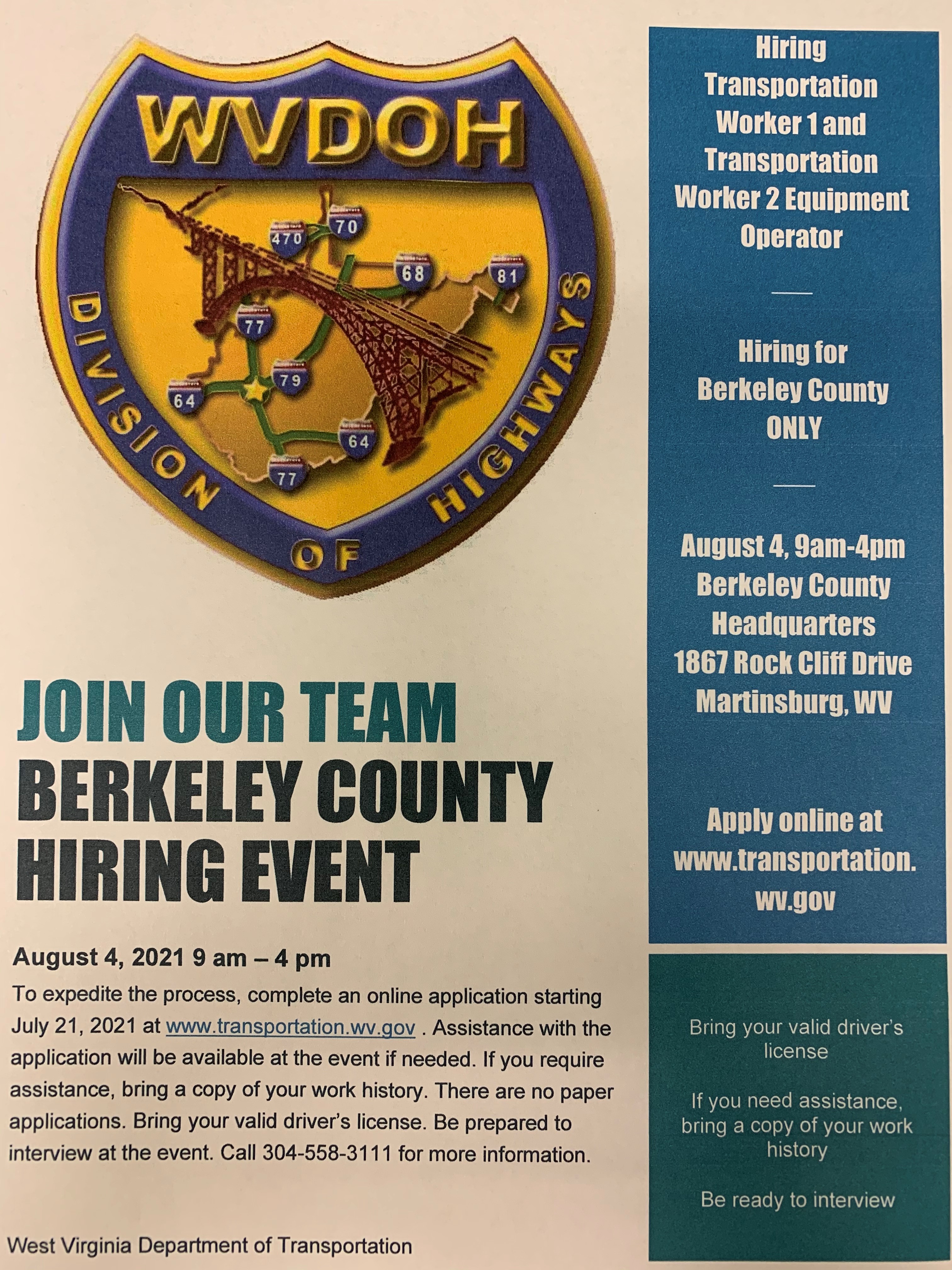 WVDOH Berkeley County Hiring Event Flyer